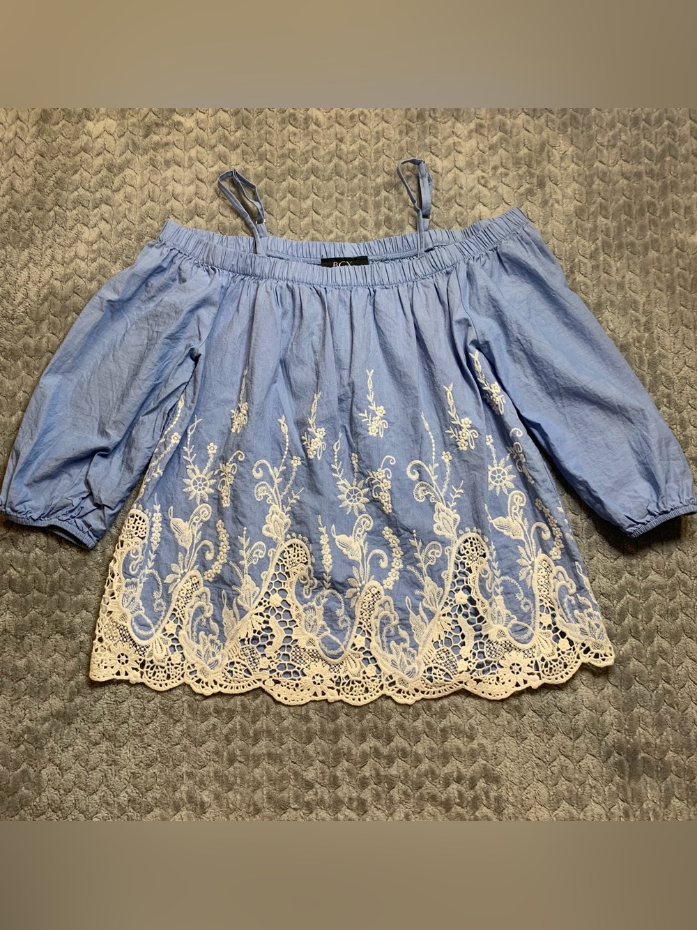 BCX Light Blue Off-Shoulder Embroidered Lace Hem Top